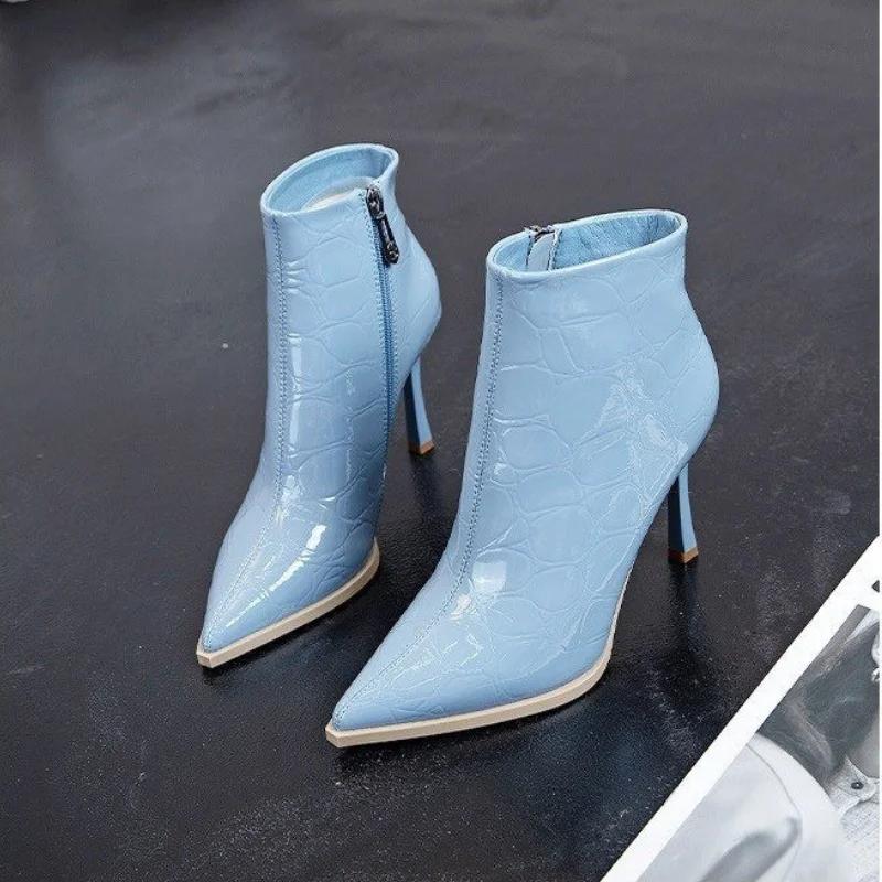 Модные туфли-лодочки с острым носком, женские ботильоны на высоком каблуке, водонепроницаемые ботильоны на высоком каблуке с боковой молнией, 2024, лакированная кожа, Botas De Mujer