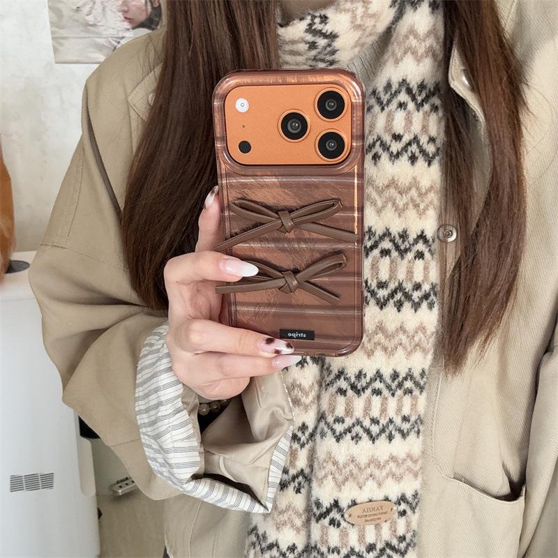 Maillard Brown Stripe 3D Bowknot Phone Case for iPhone 17/16 Pro Max/15/14 for Women