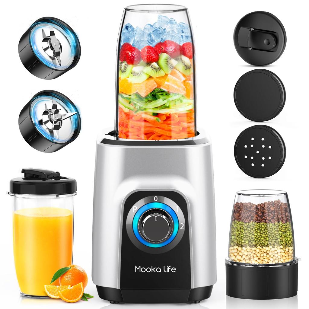 MOOKA LIFE Juicer Mixer Smoothie Multipurpose 3 Bottles Coffee Mill 6 Blades 450W High Power High Speed Rotation Easily Crush Ice Washable Easy To