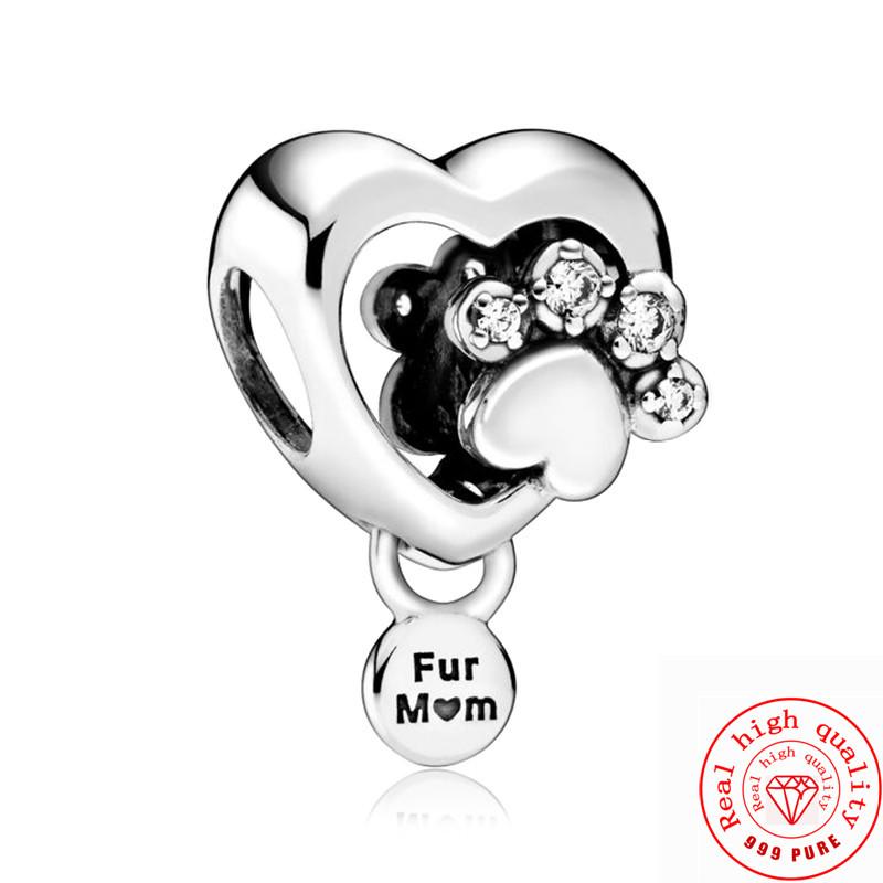 925 Стерлинговое серебро Медь Милые животные Подвеска с отпечатком лапы собаки Любовное сердце Бусины Подходят для оригинального браслета-шарма Pantaro DIY Изготовление из циркона