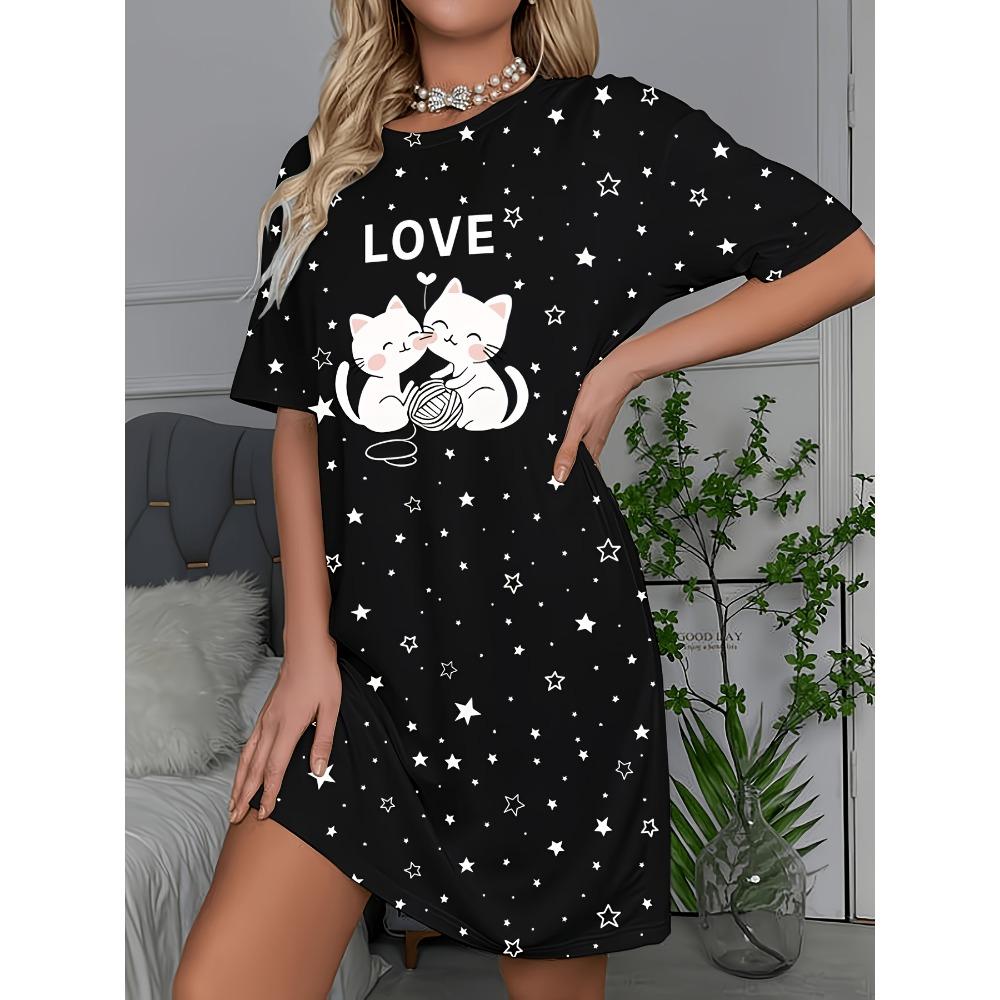 Plus-size Women's Cute Cat and Star Letter Print Casual Dress, Comfortable Short-sleeve