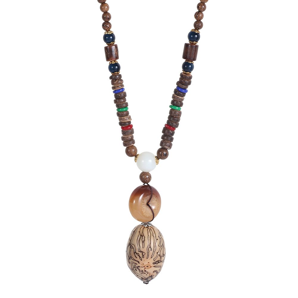 Boho Party Handmade Lucky Gift Buddhist Mala Wood Bead Nepal Necklace Horn Fish Pendant