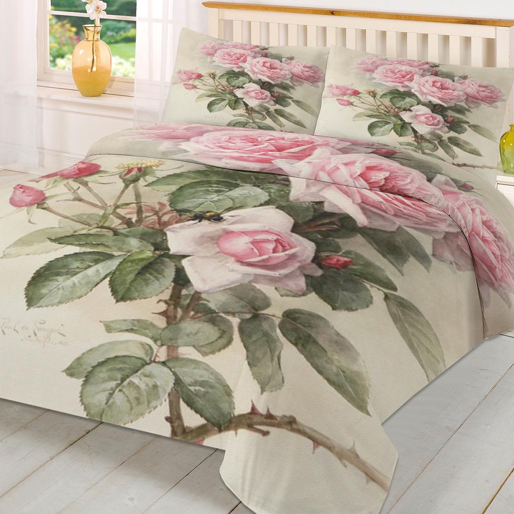 Modern Classic Double Pink Flower Rose Vintage With Pillow Case Custom 3pcs Bed Home Textile Quilt