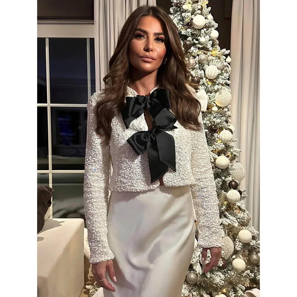 Fashion Holiday Tie-front Sequined Jacket for Women Y2K Shiny Chic Cropped Coat Female Elegant Long Sleeve Lady Party Outerwear