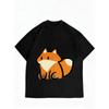 Cute Fox Print Loose Fit T Shirt Black Cartoon Animal Design For Women Casual Wear Daily Outfit Summer Top Fashion Trendy Style