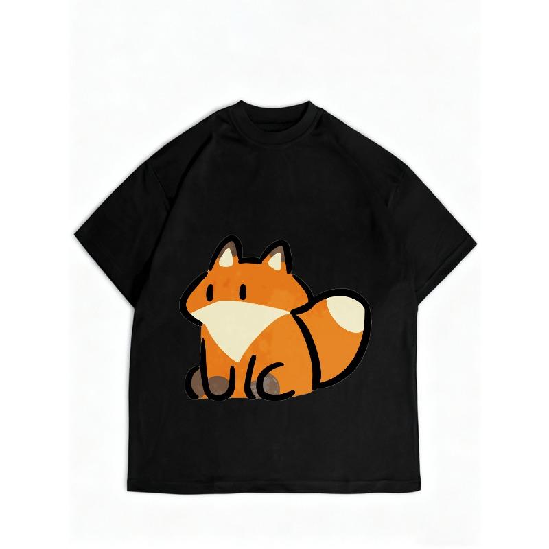Cute Fox Print Loose Fit T Shirt Black Cartoon Animal Design For Women Casual Wear Daily Outfit Summer Top Fashion Trendy Style