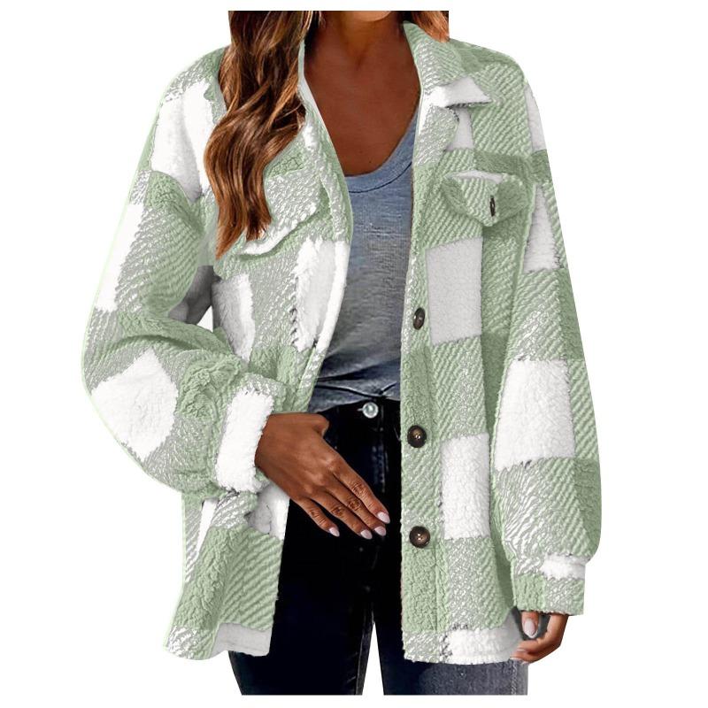 Autumn and Winter Women's Pocket Plaid Fleece Jacket Button Plush Coat