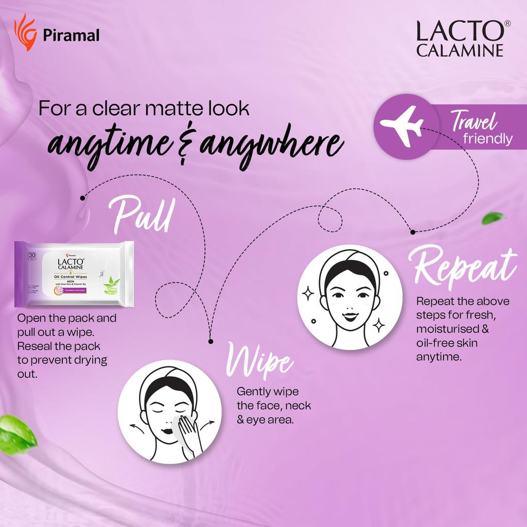 Lacto Calamine Салфетки для лица для контроля жирности, 2 упаковки по 30 штук в каждой, нежные средства для снятия макияжа, влажные салфетки с нимом, алоэ, ниацинамидом для мужчин и женщин