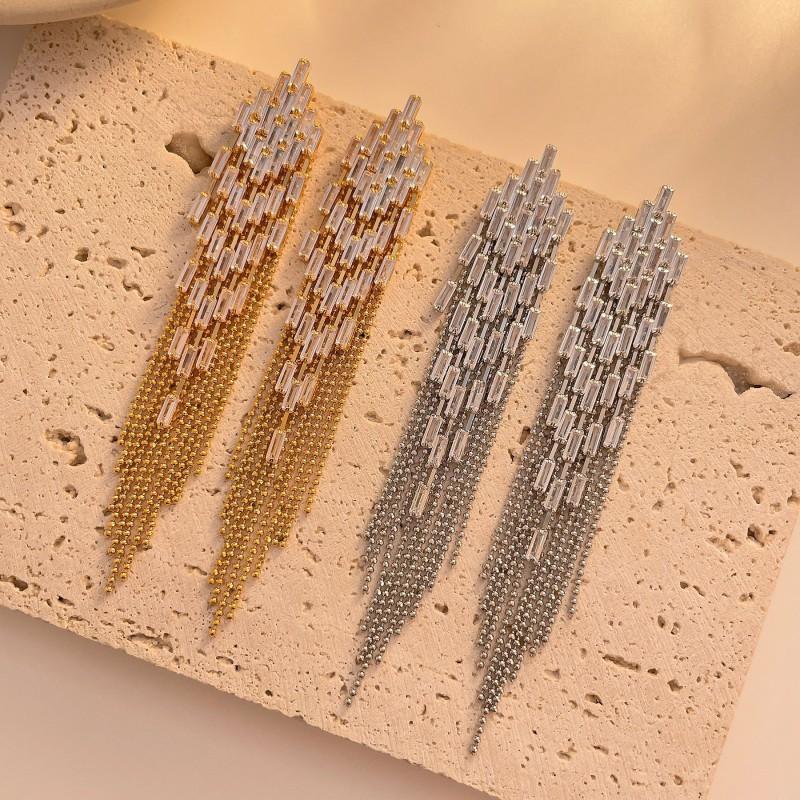 Elegant Long Tassel Earrings With Zirconia Accents Gold Plated Copper Chain Drop Women