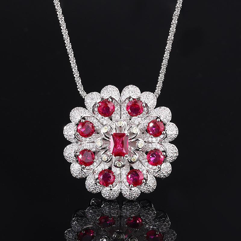 Осенне-зимний комплект украшений имитация красного корунда цветочного типа, легкое роскошное ожерелье, кольцо, браслет, женские украшения