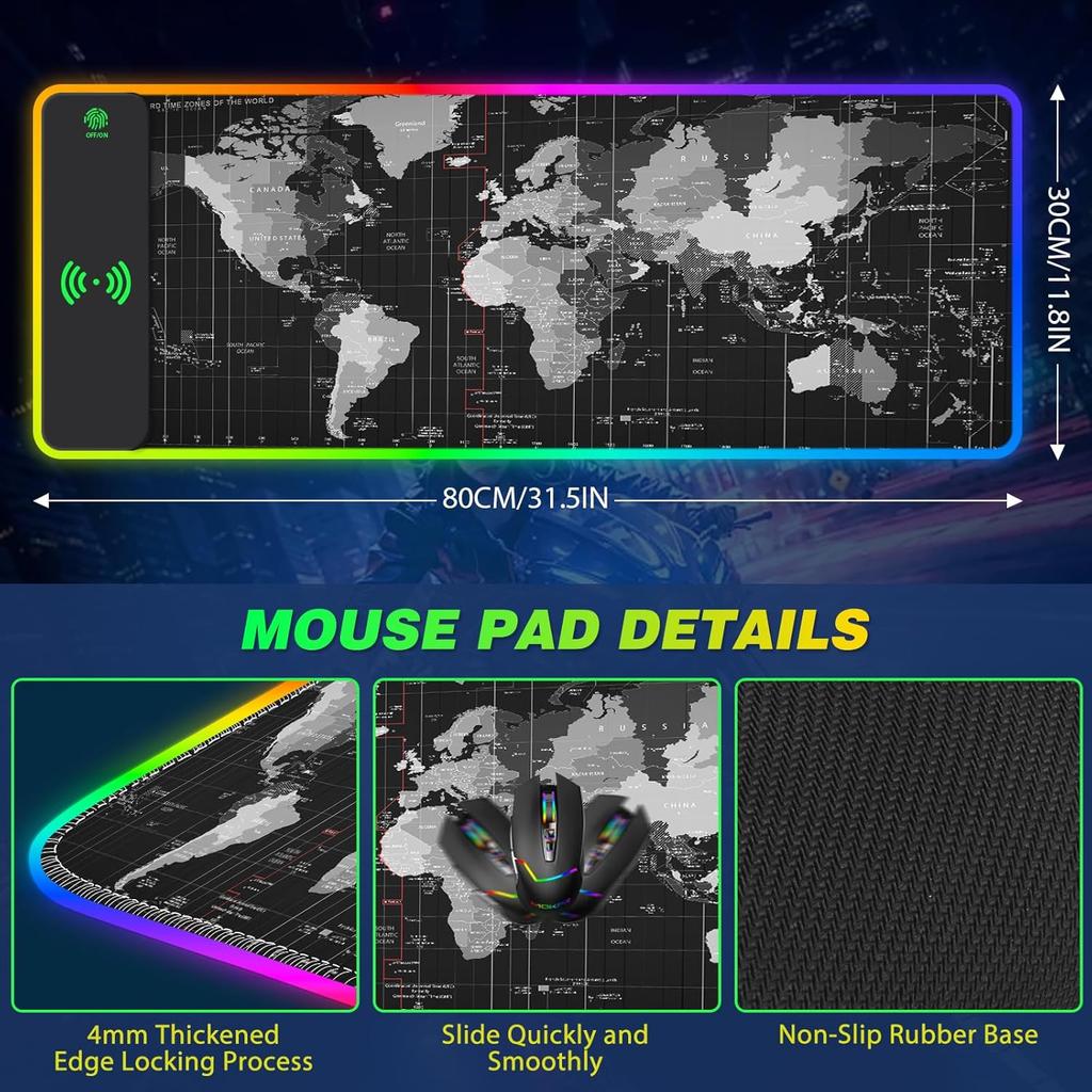 AIMSA Wireless Charging RGB Gaming Mouse Pad 15W, Extended LED Desk Mat Protector 800x300x4MM, 14 Light Modes Extra Large Mousepad Non-Slip Rubber