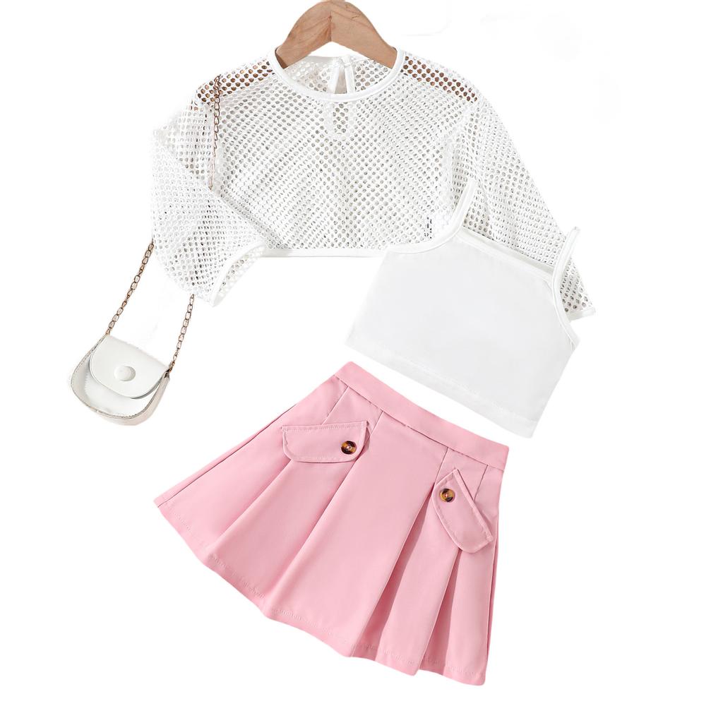 Модный костюм для девочек Детское повседневное сетчатое пальто + жилет на бретельках + плиссированная юбка Костюм-тройка