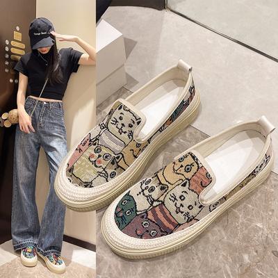 2024 Новые туфли на платформе для женщин с принтом кошки, повседневная обувь из парусины, обувь для девочек-студенток на плоской подошве, скейтборд, мокасины без застежек