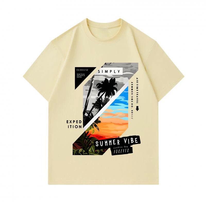 Men's 100% Cotton Crew Neck Short Sleeve T-Shirt, Summer Tropical Palm Tree Sunset Graphic Tees, Casual Expedition Summer Vibe Printed Comfortable Dai