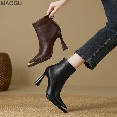 Туфли на высоком каблуке, короткие ботинки для офисных леди, для повседневной носки, из искусственной кожи, черные, коричневые, с острым носком, ботильоны до щиколотки, женские высокие ботинки, молния сзади