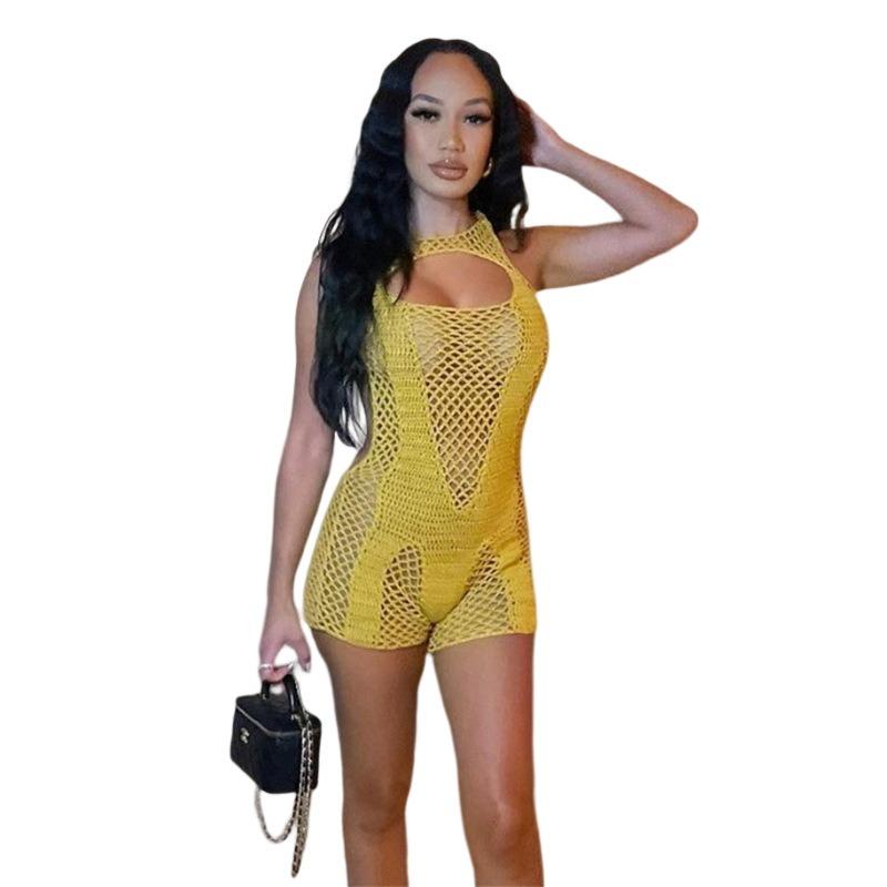 Summer Women's Jumpsuit Sexy Hollow Out Package Hip Low Neck Tight Knit High Waist Casual One-piece Shorts