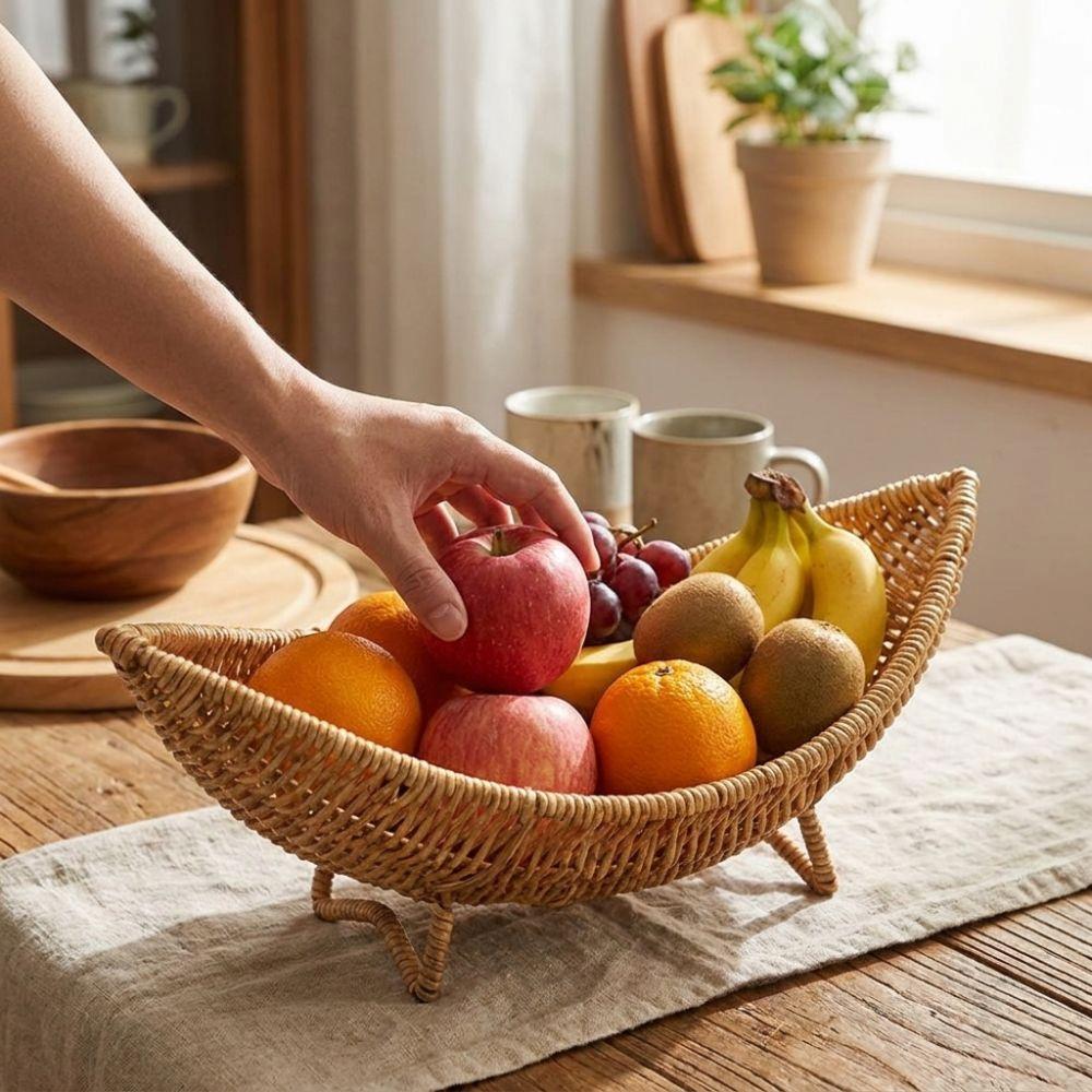 Large Capacity Plastic Hand-Woven Basket Hollow Drain Camping Tray Desktop Organizer Picnic Use
