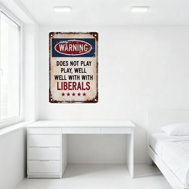 Vintage Rusty Metal Warning Sign, Distressed 'WARNING DOES NOT PLAY WELL WITH LIBERALS' Retro Sign with Red Stars & Bolts, Antiq