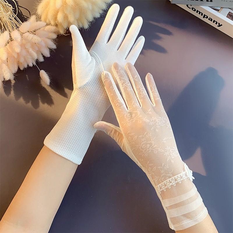 Солнцезащитные кружевные перчатки, весенние перчатки с бантом, перчатки для сенсорного экрана, женские дышащие уличные перчатки для вождения, летние перчатки для велоспорта