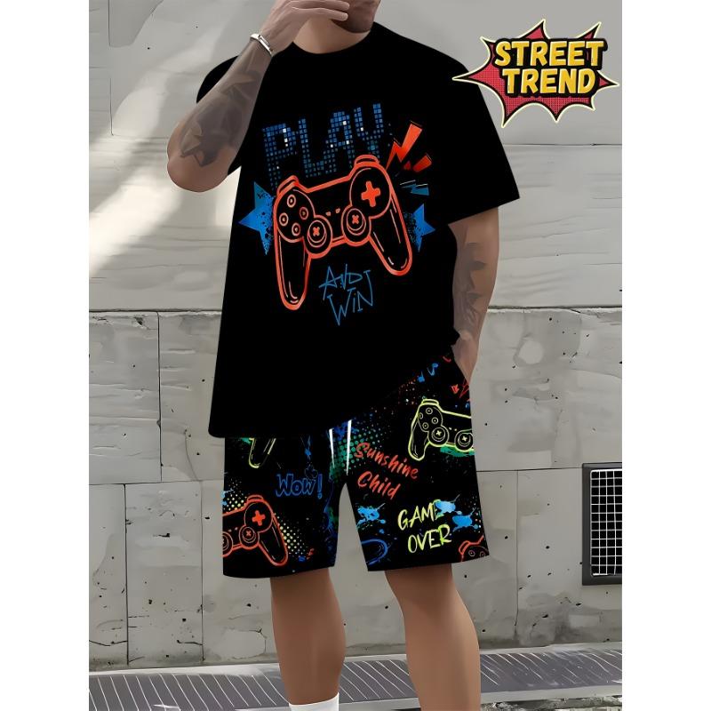 Men's Sports Short Sleeve Top Shorts Set Plus Size Breathable Basketball Sports Clothing Graffiti game controller Print T-shirt Shorts 2-piece Set