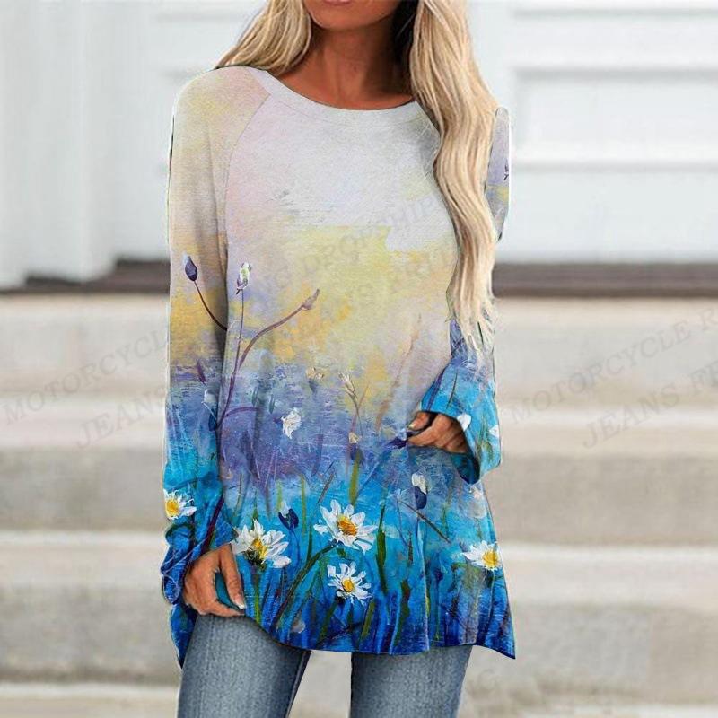 2023 Women's T-shirt Abstract Painting Print Tshirt Women Fashion T-shirt Plant Flowers T Shirt Long Sleeve Tops Tees Butterfly