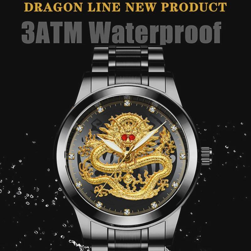 FNGEEN Men's Watch Light Luxury Relief Golden Dragon Watch Waterproof Diamond Inlaid Ruby Mens Quartz Watch