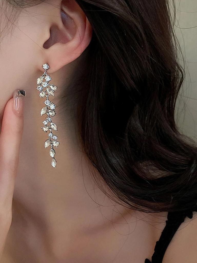 2pcs Fashionable and High-end Long Tassel Full Diamond Leaf Earrings for Women's Banquet Dress Accessories