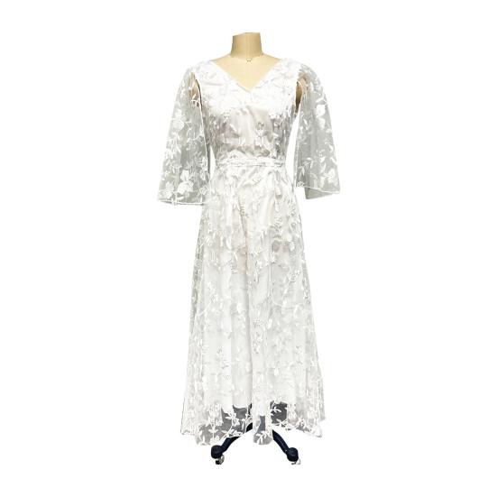 Lace Flared Sleeve Wedding Dress for Bride Deep V Neck Open Back Bridal Ball Gown Boho Beach Swing Dress