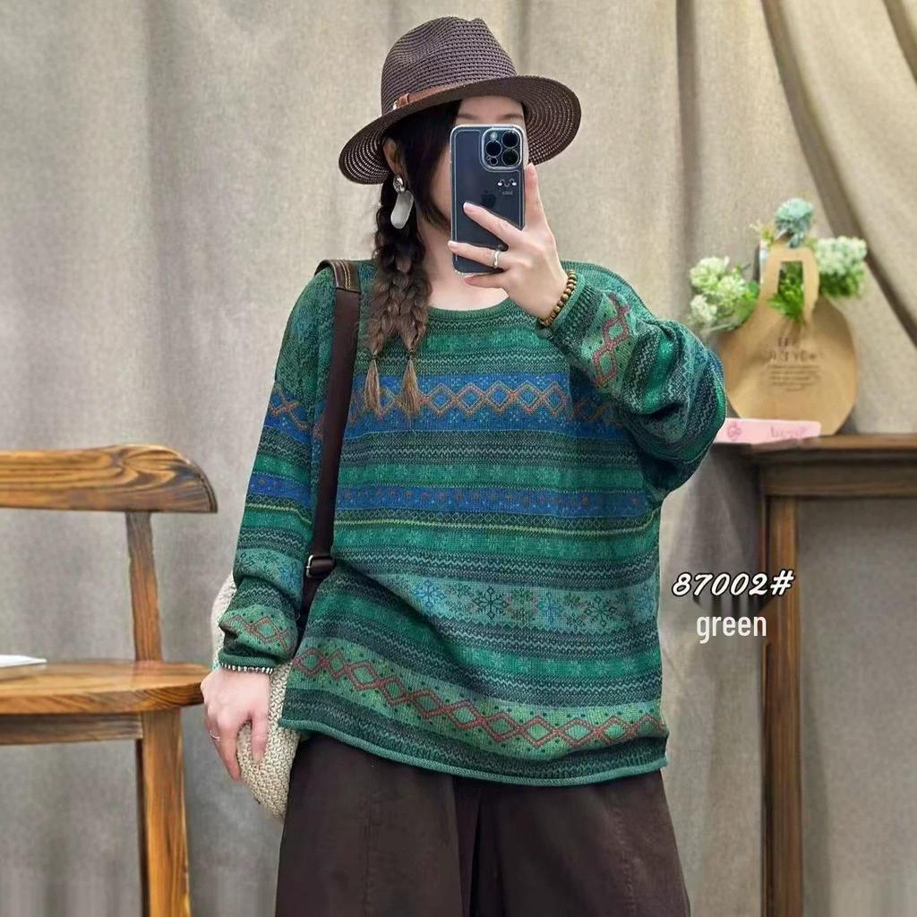 2026 Autumn Retro Striped Distressed Knit Sweater - Loose Round Neck Pullover Base Layer
