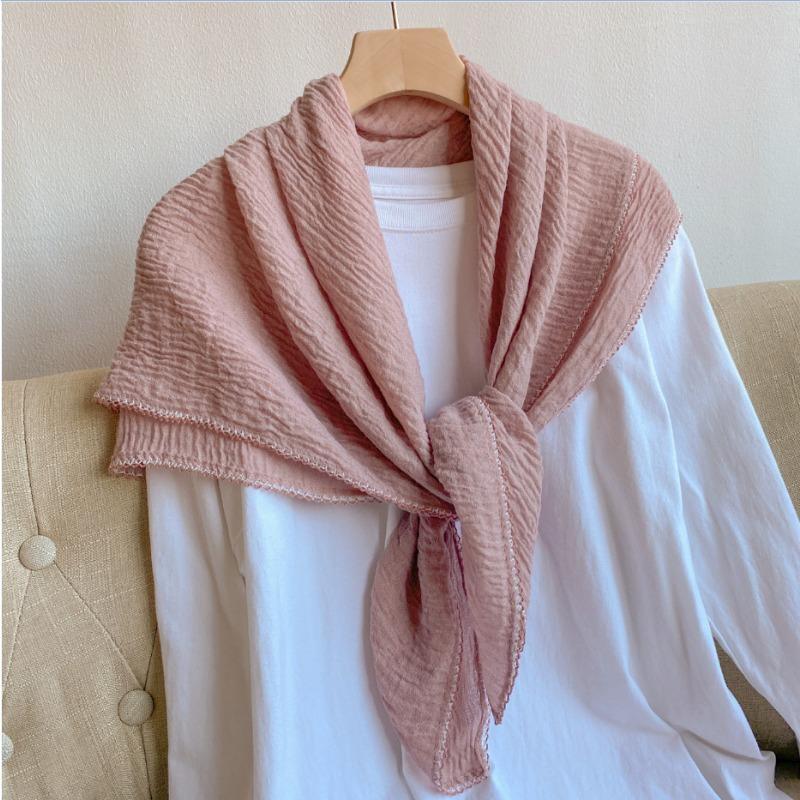 Spring and Autumn New Pleated Solid Color Cotton and Linen Large Square Scarf Silk Scarf Femininity Versatile Shawl Thin Neck Scarf