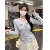 Snowflake Stripe Brushed Blue Lace Two-Piece Long Sleeve T-Shirt - Women's Autumn Short Style