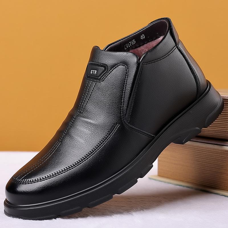 Мужские деловые кожаные туфли зимние высокие бархатные теплые повседневные мужские туфли на одной педали практичные папины зимние ботинки