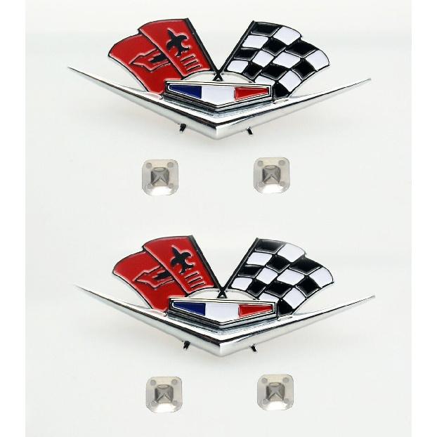 2Pc 1962 1963 Chevy Impala Belair Front Fender Emblem 3D Badge Flags Pair 327 409 Corvette Replacement for Corvette (Silver Black Red)