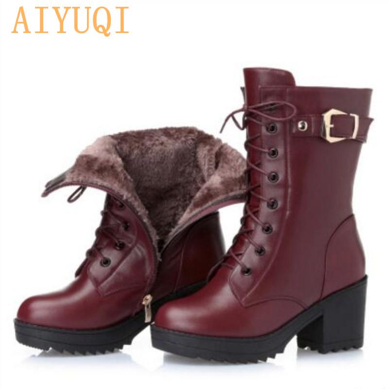 High-heeled Genuine Leather Women Winter Boots Thick Wool Warm Women Marton Boots High-quality
