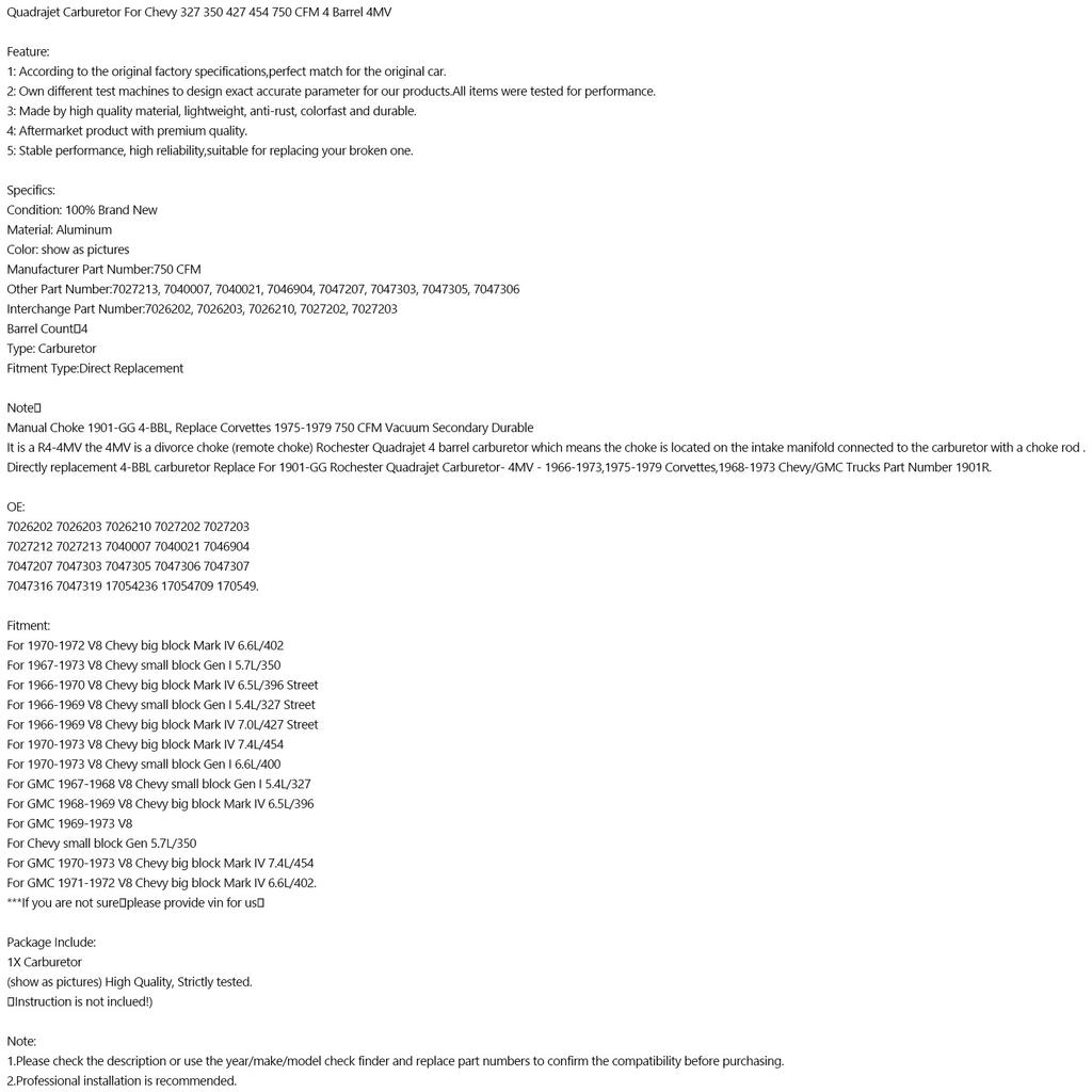 Карбюратор Quadrajet для Chevy 327 350 427 454 750 CFM 4 Barrel 4MV