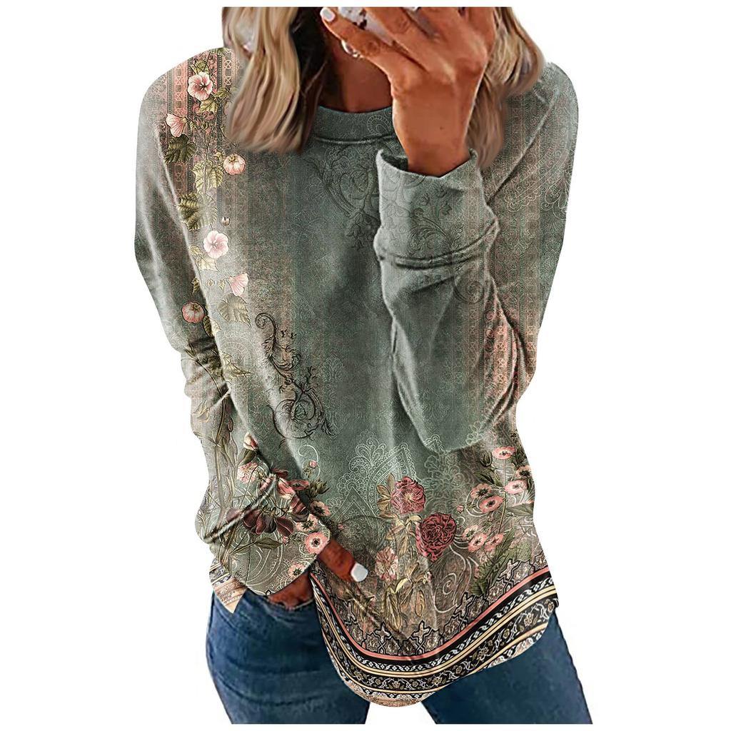 Women's Round Neck Tops Cotton Women's Casual Fashion Print Long Sleeve O-Neck Pullover Top Blouse