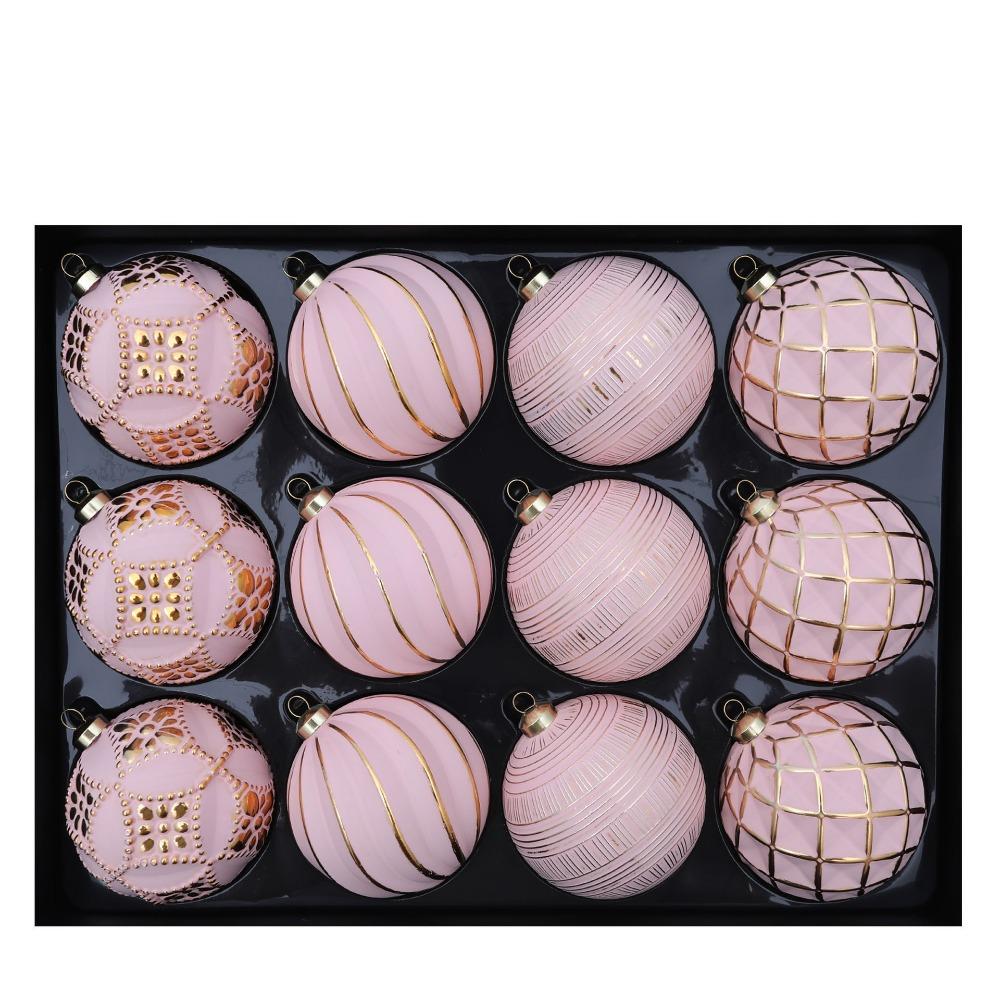 12PCS Textured Finish Christmas Tree Baubles Embossed Design Painted Baubles Holiday Party Decor