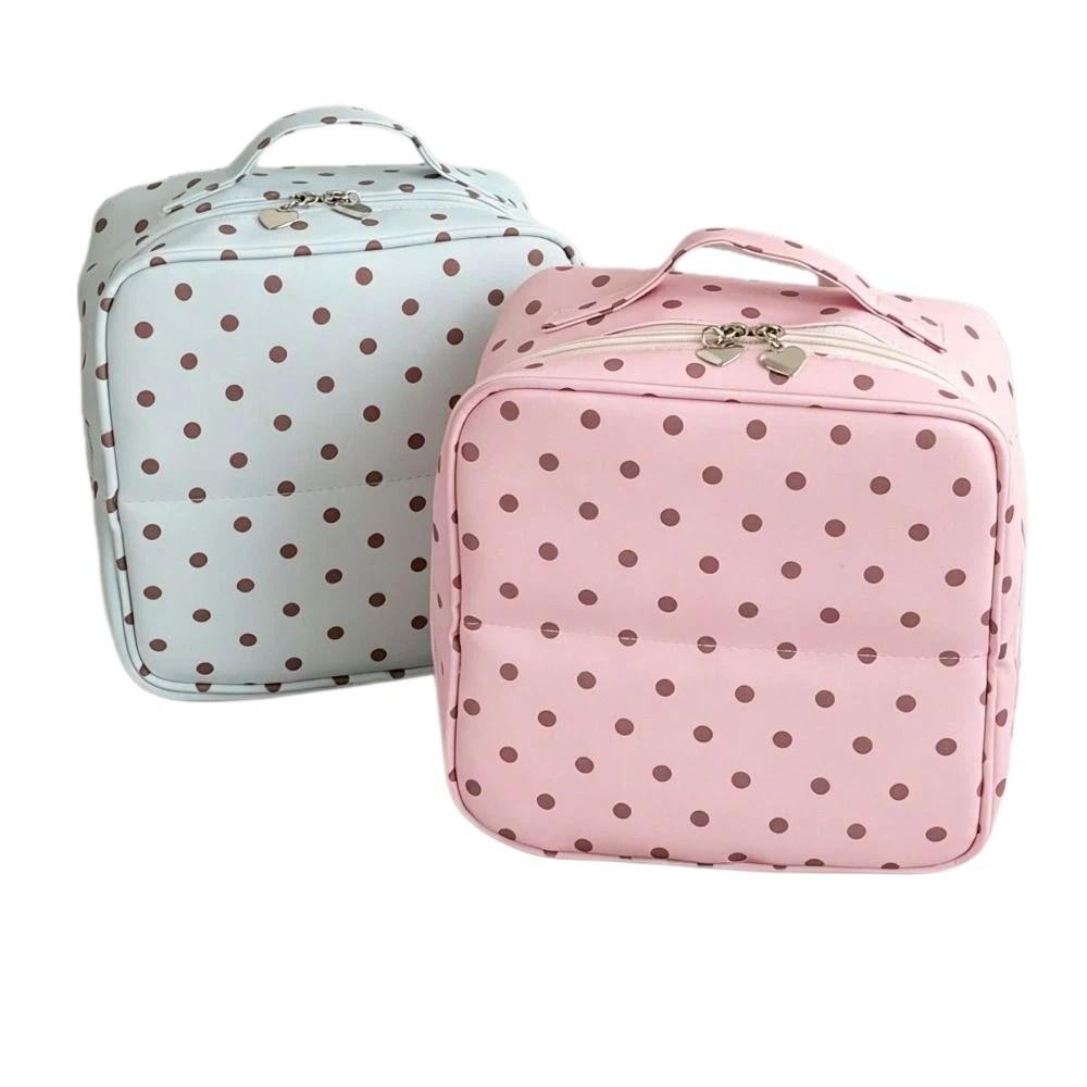 Multi-layer Polka Dot Stand-up Cosmetic Bag Large Capacity Handbag Travel Storage Bag For Women