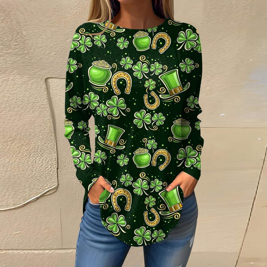 Футболки для женщин, осенние повседневные рубашки с длинным рукавом, толстовка с ретро-принтом, топ, пуловер St. День Патрика