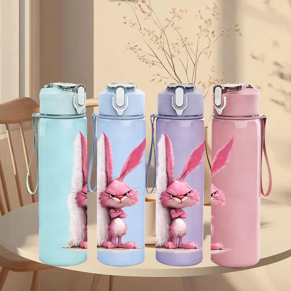 1PC Pink Long Ear Bunny Cartoon Print 750ml Color Plastic Sports Water Bottle Leakproof Flip Straw Lid Suitable for Sports Office Home Use