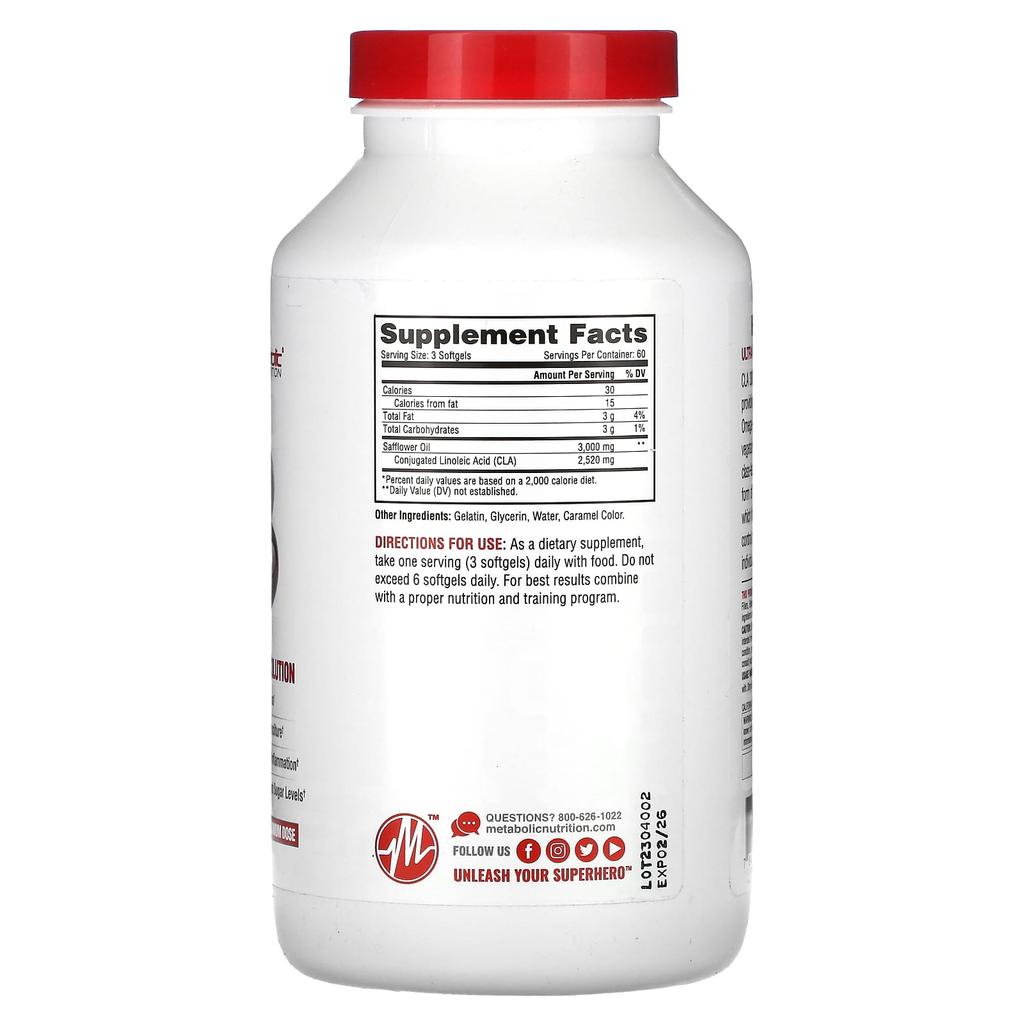 Metabolic Nutrition, CLA 3000, 3 000 мг, 180 мягких капсул (1000 мг в одной мягкой капсуле)