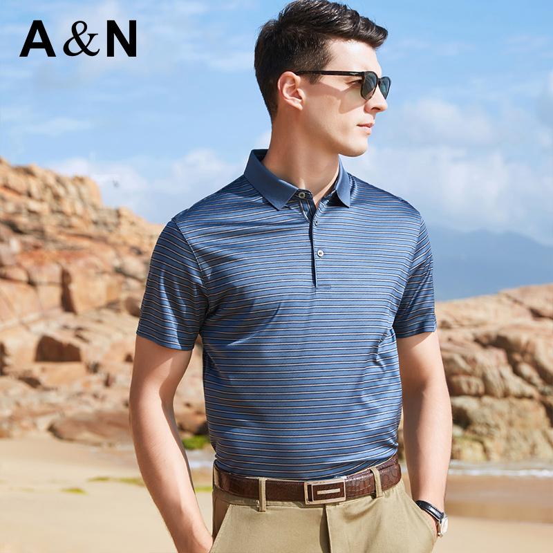 Fashionable striped short sleeved T-shirt with mulberry silk, men's cool and breathable business casual polo shirt for spring and summer
