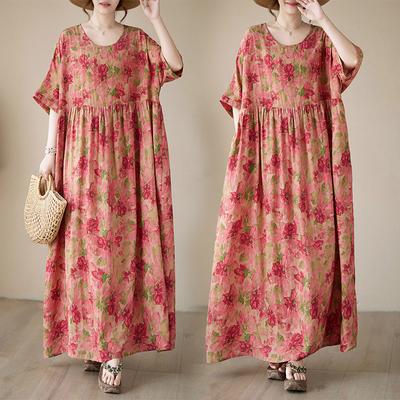 Летнее тонкое хлопковое льняное платье с круглым вырезом и красным принтом, простое среднее длинное платье для женщин, повседневные платья