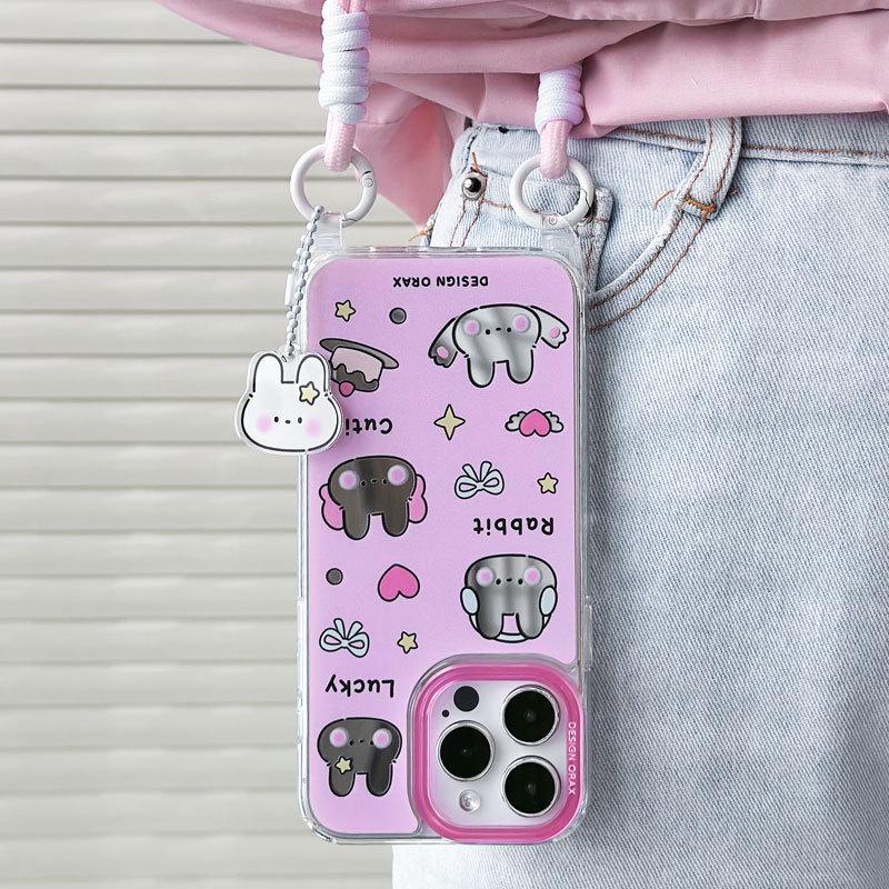 Зеркальный чехол для телефона Zhitai со шнурком для iPhone 13/14/15 Pro Max - мультяшный дизайн