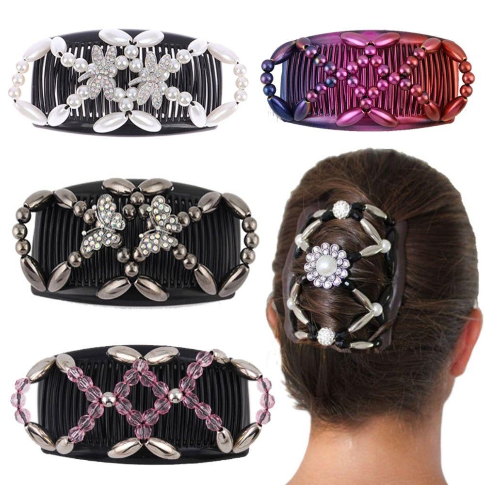 Handmade Ponytail Holder Stretch Double Comb Beaded Hair Claws Magic Hair Comb Beaded Hair Clip