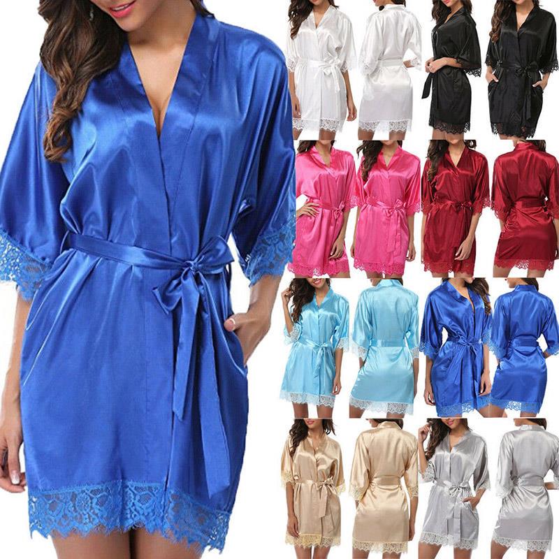 Женская летняя сексуальная ночная рубашка, однотонный шелковый атласный халат, свадебное платье подружки невесты, банный халат