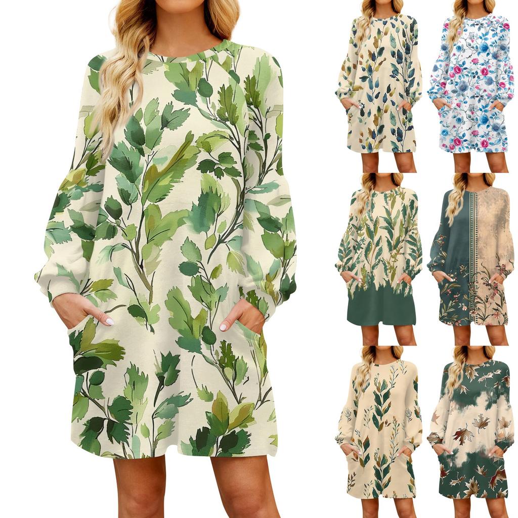 Модное женское платье трапециевидной формы с длинным рукавом. Осенний повседневный пуловер с круглым вырезом. Свободное платье с карманами.