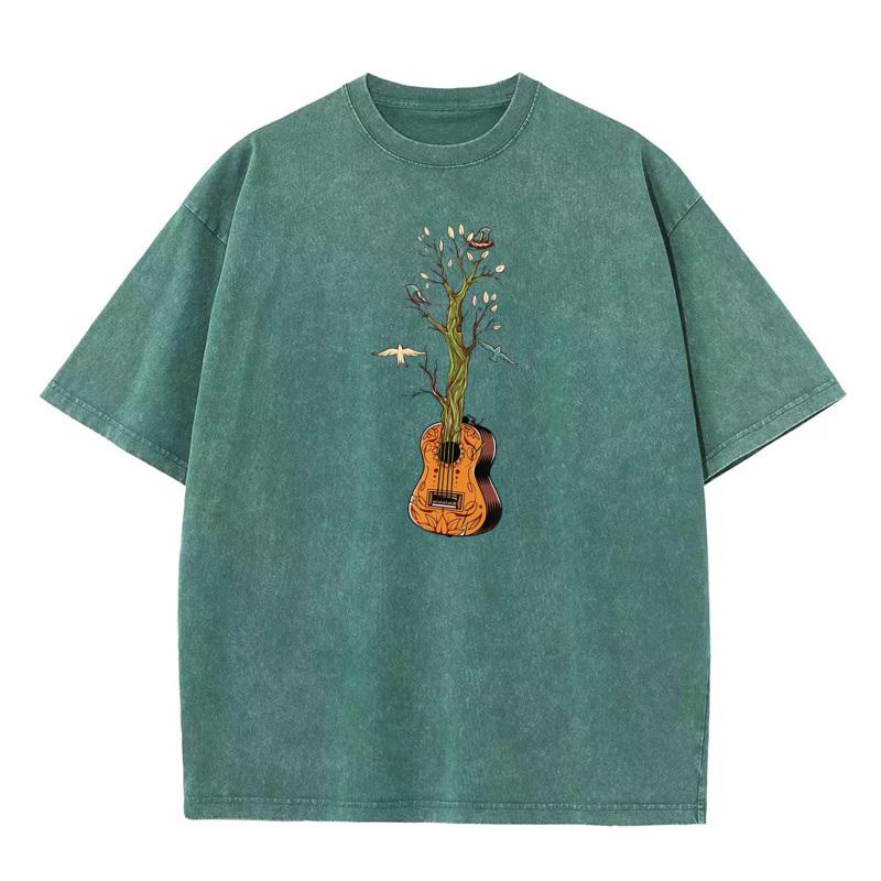 Guitar Music Gift Idea Tops  Tees Girlfriend Combed cotton Round Collar Retro Washed T Shirts Gift Washed Tops Shirt Graphic