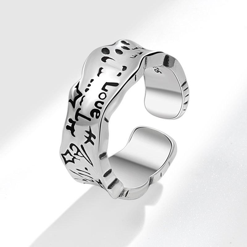 Personalized Ring Retro Do Old Dots Curve Open Ring Tide People Fashion Simple Finger Ring Students Simple Adjustable Accessories Fresh and Sweet