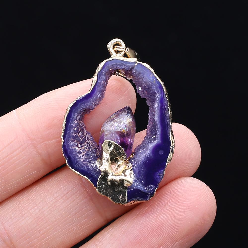 1Pc Energy Natural Agates Pendants with Amethyst, Fashion Handmade Irregular Druze Charms for Jewelry Making DIY Accessories Fit Necklaces Craft Gift